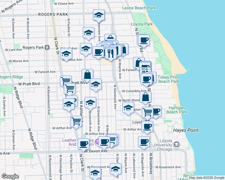 map of restaurants, bars, coffee shops, grocery stores, and more near 6736 North Glenwood Avenue in Chicago