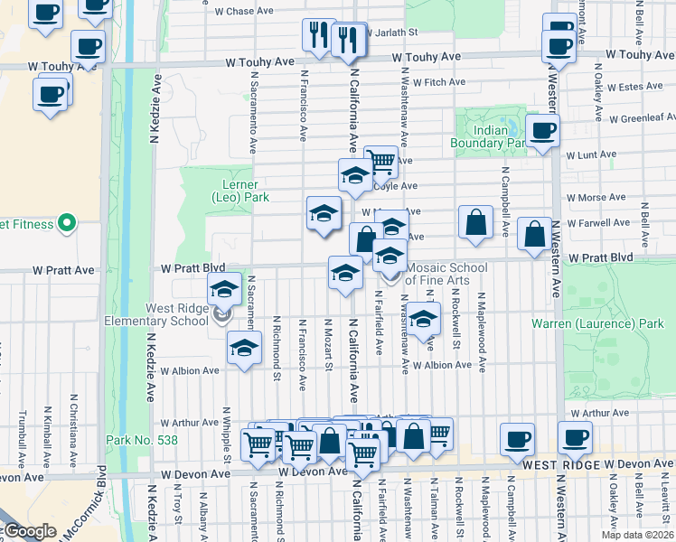 map of restaurants, bars, coffee shops, grocery stores, and more near 2815 West Pratt Boulevard in Chicago