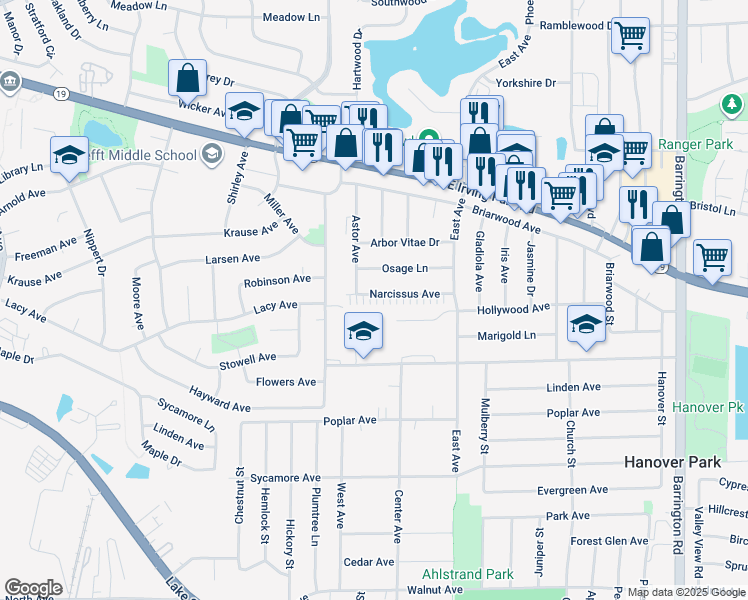 map of restaurants, bars, coffee shops, grocery stores, and more near 2121 Narcissus Avenue in Hanover Park