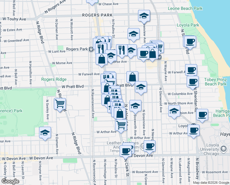 map of restaurants, bars, coffee shops, grocery stores, and more near 1636 West Columbia Avenue in Chicago