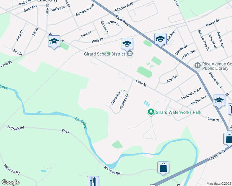 map of restaurants, bars, coffee shops, grocery stores, and more near 869 Greenfield Drive in Girard
