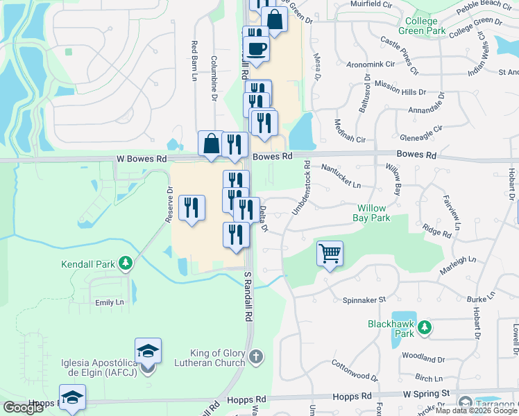 map of restaurants, bars, coffee shops, grocery stores, and more near 1132 Delta Court in Elgin