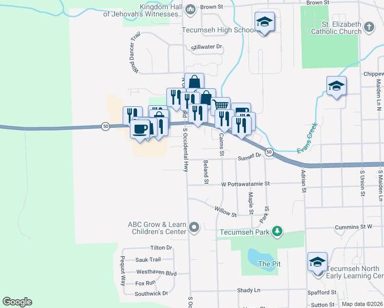 map of restaurants, bars, coffee shops, grocery stores, and more near 1205 Sunset Drive in Tecumseh