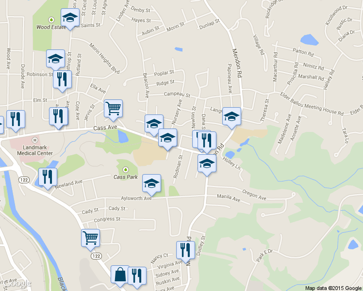 map of restaurants, bars, coffee shops, grocery stores, and more near 916 Cass Ave in Woonsocket