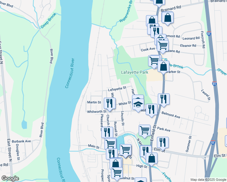 map of restaurants, bars, coffee shops, grocery stores, and more near 60 Windsor Street in Enfield