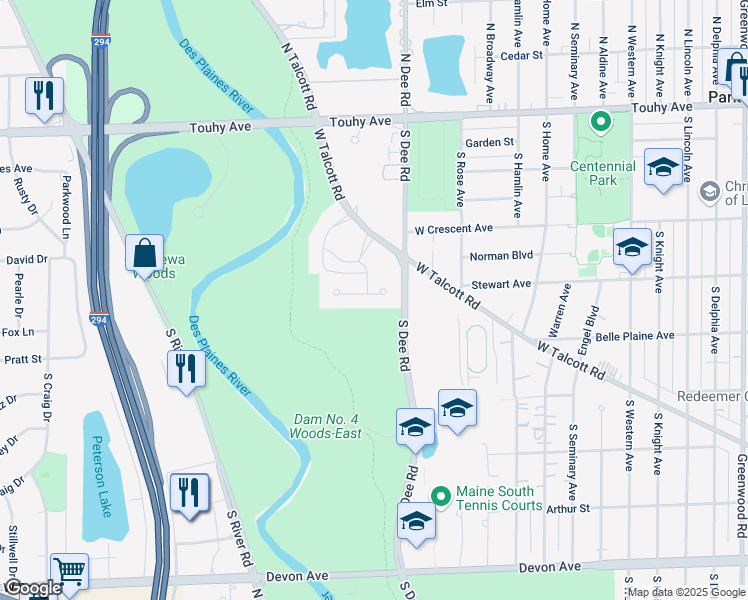 map of restaurants, bars, coffee shops, grocery stores, and more near 2400 Windsor Mall in Park Ridge