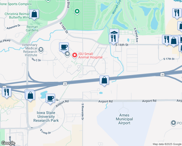 map of restaurants, bars, coffee shops, grocery stores, and more near 298-306 Strawberry Lane in Ames