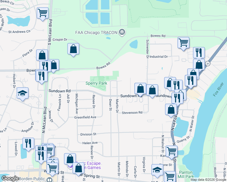map of restaurants, bars, coffee shops, grocery stores, and more near 695 Dean Street in South Elgin