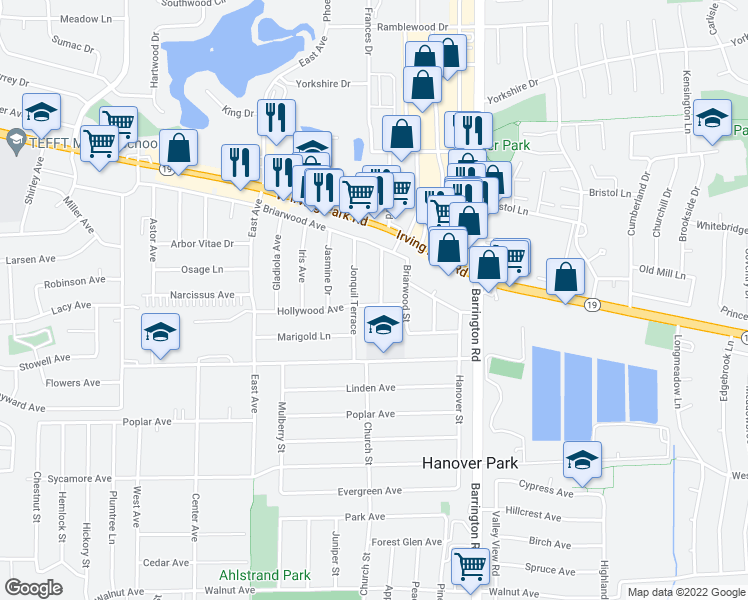 map of restaurants, bars, coffee shops, grocery stores, and more near 1770 Hollywood Avenue in Hanover Park