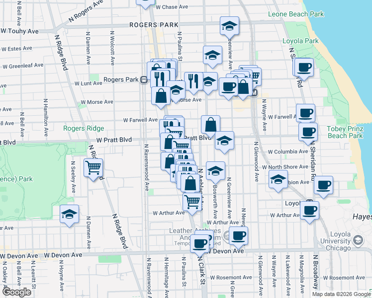 map of restaurants, bars, coffee shops, grocery stores, and more near 1628 West Columbia Avenue in Chicago