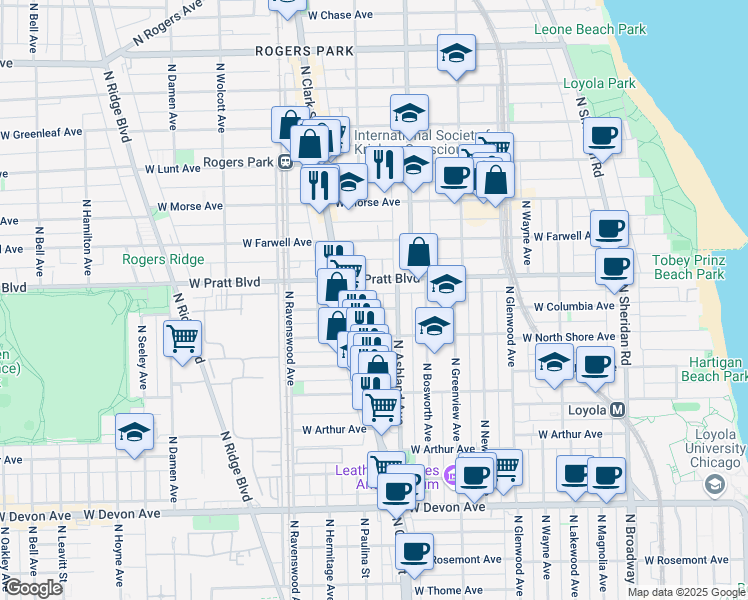 map of restaurants, bars, coffee shops, grocery stores, and more near 1622 West Columbia Avenue in Chicago