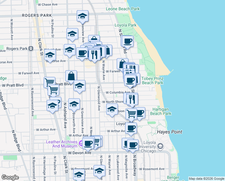 map of restaurants, bars, coffee shops, grocery stores, and more near 6738 North Lakewood Avenue in Chicago