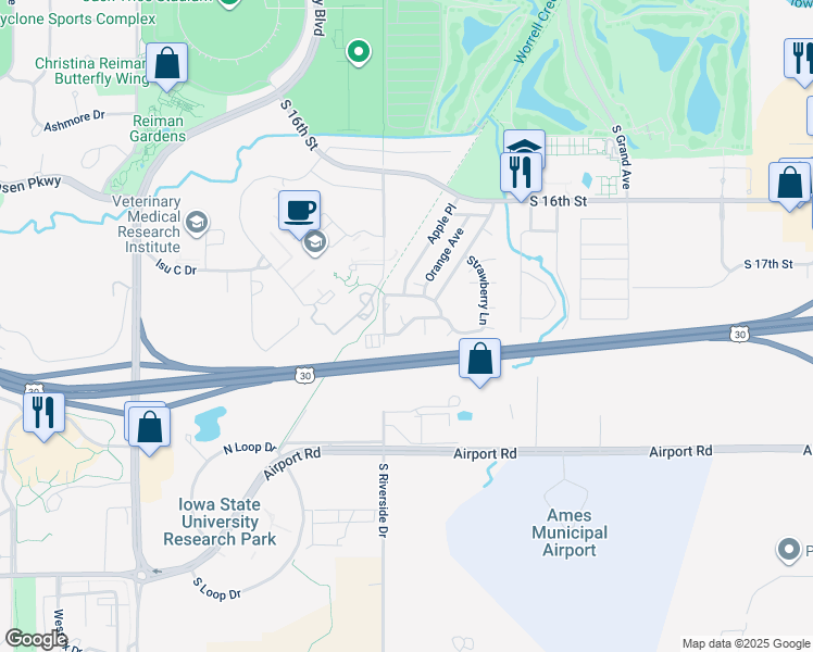 map of restaurants, bars, coffee shops, grocery stores, and more near 298 Strawberry Lane in Ames