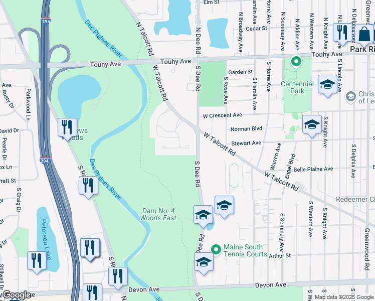 map of restaurants, bars, coffee shops, grocery stores, and more near 2400 Windsor Mall in Park Ridge
