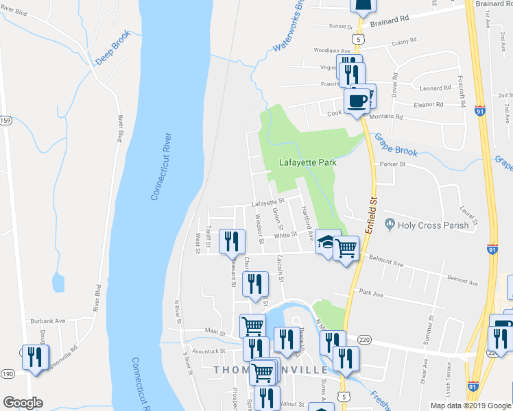 map of restaurants, bars, coffee shops, grocery stores, and more near 64 Windsor Street in Enfield