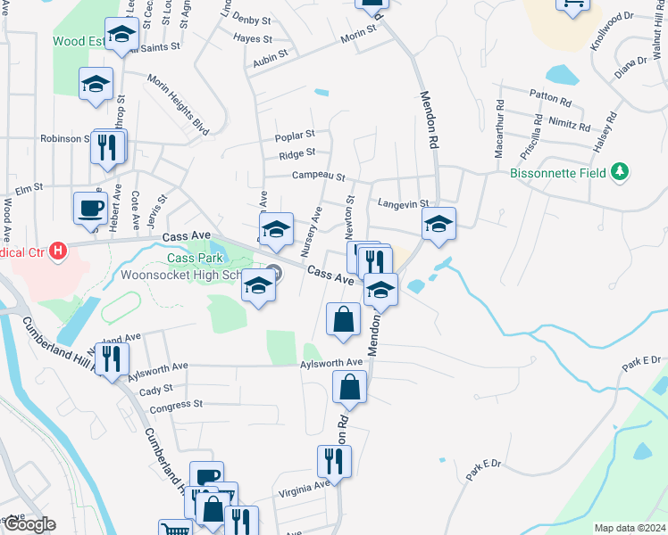 map of restaurants, bars, coffee shops, grocery stores, and more near 916 Cass Avenue in Woonsocket