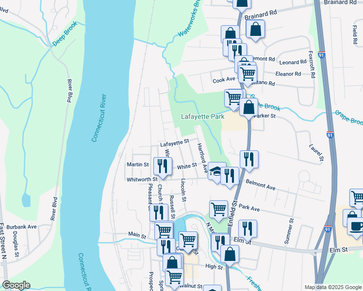 map of restaurants, bars, coffee shops, grocery stores, and more near 18 Union Street in Enfield
