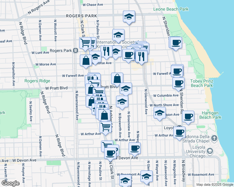 map of restaurants, bars, coffee shops, grocery stores, and more near 6749 North Bosworth Avenue in Chicago