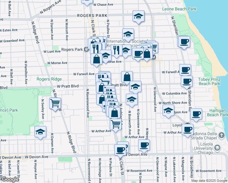 map of restaurants, bars, coffee shops, grocery stores, and more near 1630 West Columbia Avenue in Chicago