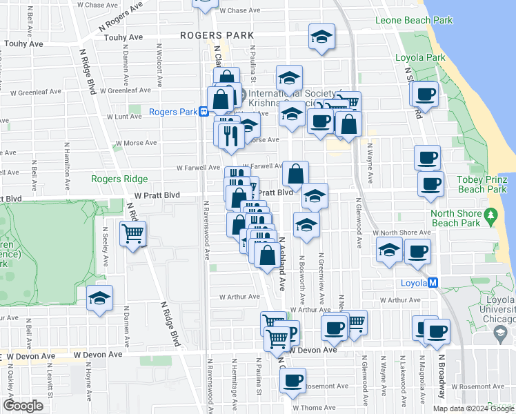map of restaurants, bars, coffee shops, grocery stores, and more near 1630 West Columbia Avenue in Chicago