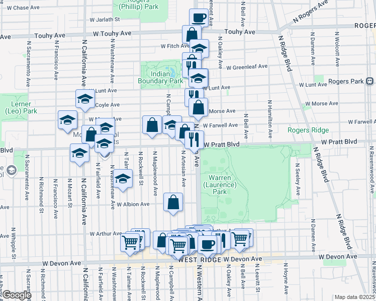 map of restaurants, bars, coffee shops, grocery stores, and more near 6744 North Artesian Avenue in Chicago