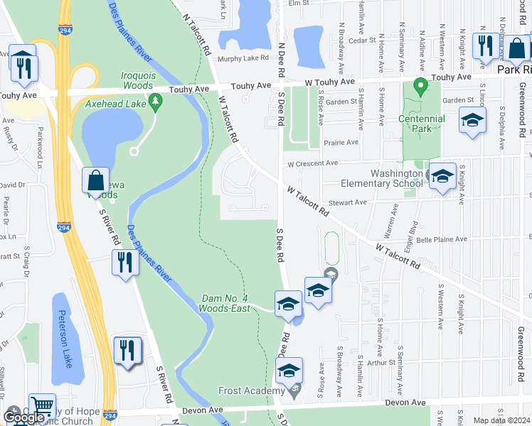map of restaurants, bars, coffee shops, grocery stores, and more near 2400 Windsor Mall in Park Ridge