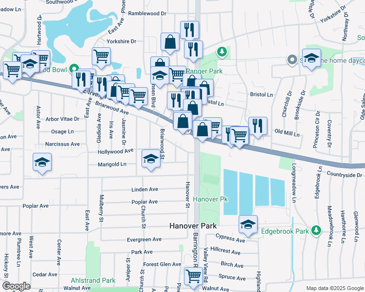 map of restaurants, bars, coffee shops, grocery stores, and more near 1624 Tanglewood Avenue in Hanover Park