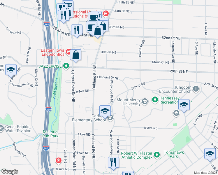 map of restaurants, bars, coffee shops, grocery stores, and more near 1609 Wildwood Drive Northeast in Cedar Rapids