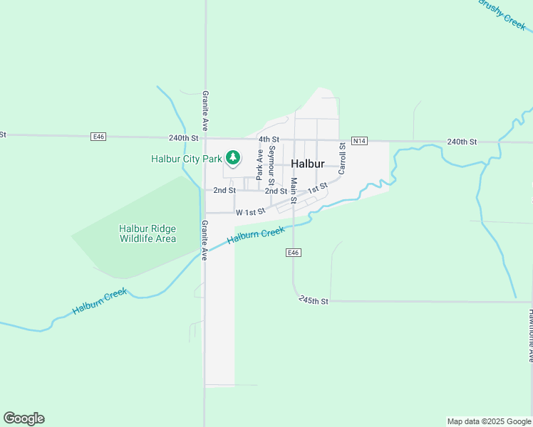 map of restaurants, bars, coffee shops, grocery stores, and more near 201 West 1st Street in Halbur