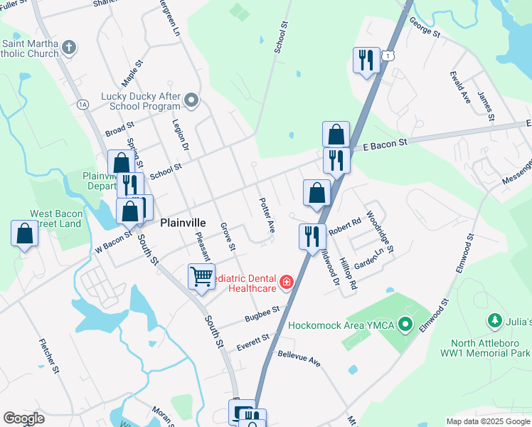 map of restaurants, bars, coffee shops, grocery stores, and more near 15 Potter Avenue in Plainville