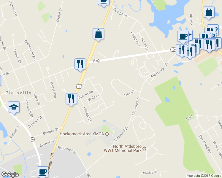 map of restaurants, bars, coffee shops, grocery stores, and more near 75 Terry Lane in Plainville