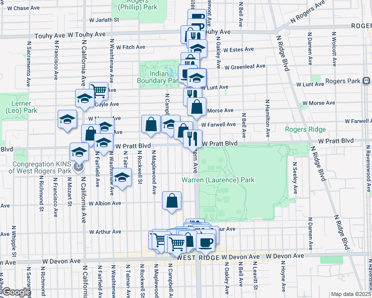 map of restaurants, bars, coffee shops, grocery stores, and more near 6744 North Artesian Avenue in Chicago
