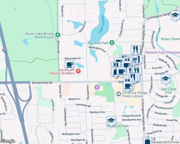 map of restaurants, bars, coffee shops, grocery stores, and more near 540 Biesterfield Road in Elk Grove Village