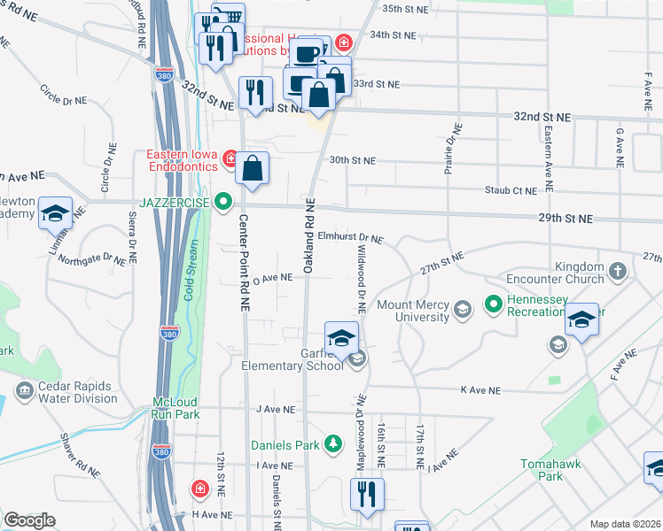 map of restaurants, bars, coffee shops, grocery stores, and more near 1500 Oakland Road Northeast in Cedar Rapids