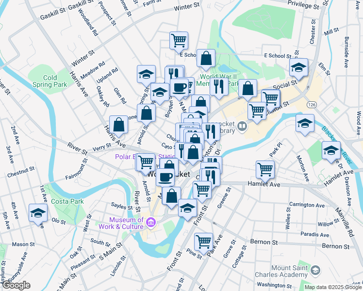 map of restaurants, bars, coffee shops, grocery stores, and more near 62 Cato Street in Woonsocket