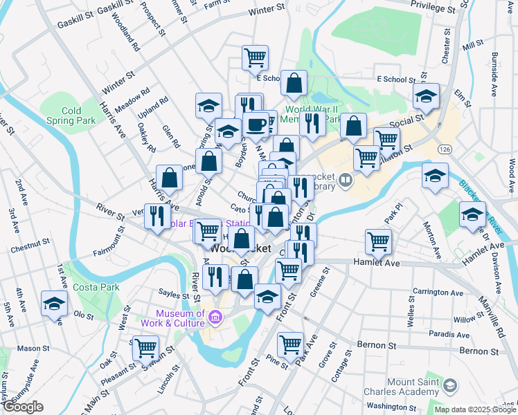 map of restaurants, bars, coffee shops, grocery stores, and more near 62 Cato Street in Woonsocket