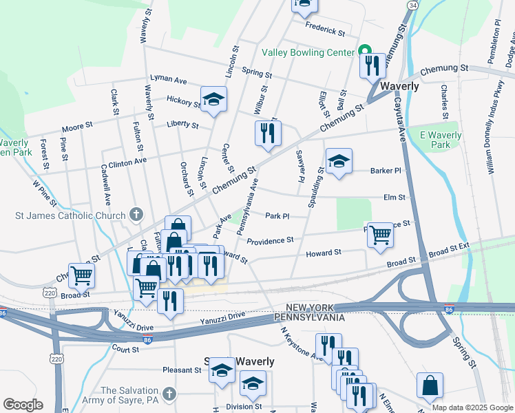 map of restaurants, bars, coffee shops, grocery stores, and more near 458 Pennsylvania Avenue in Waverly