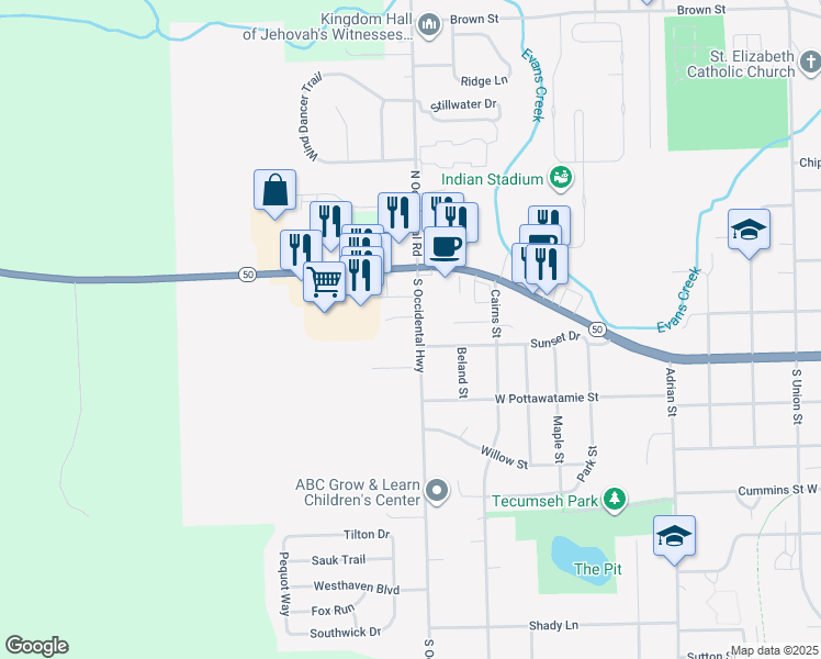 map of restaurants, bars, coffee shops, grocery stores, and more near 105 South Occidental Highway in Tecumseh