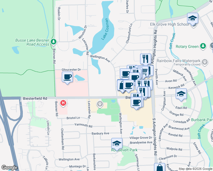 map of restaurants, bars, coffee shops, grocery stores, and more near 850 Wellington Avenue in Elk Grove Village