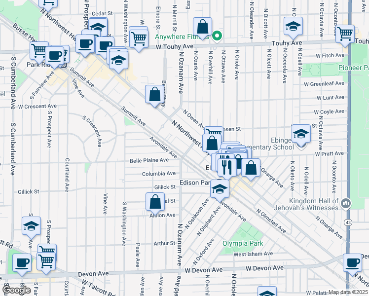 map of restaurants, bars, coffee shops, grocery stores, and more near 6847 North Olmsted Avenue in Chicago