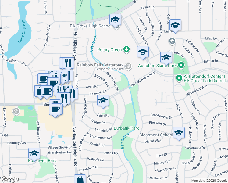 map of restaurants, bars, coffee shops, grocery stores, and more near 900 Brantwood Avenue in Elk Grove Village