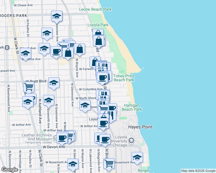 map of restaurants, bars, coffee shops, grocery stores, and more near 1141 West Columbia Avenue in Chicago