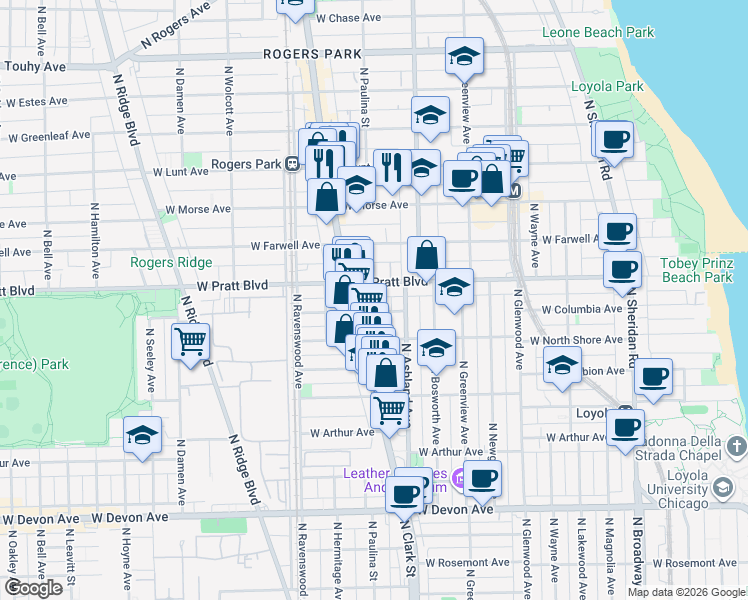 map of restaurants, bars, coffee shops, grocery stores, and more near 1632 West Columbia Avenue in Chicago