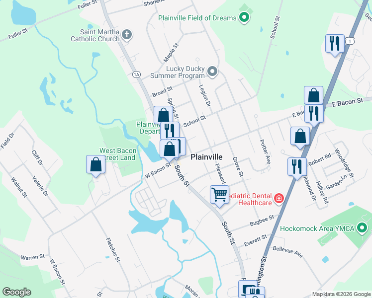 map of restaurants, bars, coffee shops, grocery stores, and more near 15 East Bacon Street in Plainville