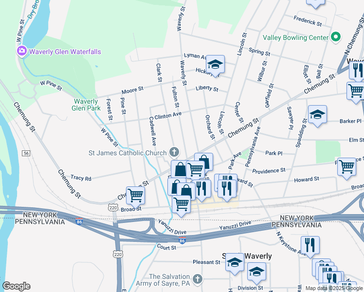 map of restaurants, bars, coffee shops, grocery stores, and more near 510 Clark Street in Waverly