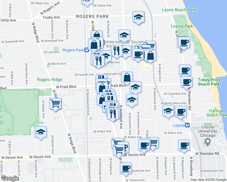 map of restaurants, bars, coffee shops, grocery stores, and more near 1637 West Columbia Avenue in Chicago