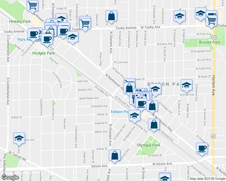map of restaurants, bars, coffee shops, grocery stores, and more near 6811 North Ozark Avenue in Chicago