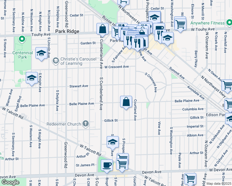 map of restaurants, bars, coffee shops, grocery stores, and more near 515 South Fairview Avenue in Park Ridge