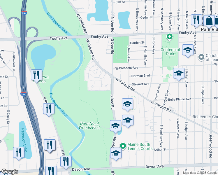 map of restaurants, bars, coffee shops, grocery stores, and more near 2400 Windsor Mall in Park Ridge