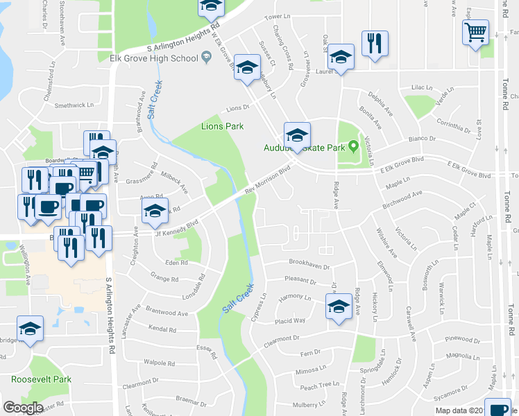 map of restaurants, bars, coffee shops, grocery stores, and more near 908 Ridge Square in Elk Grove Village